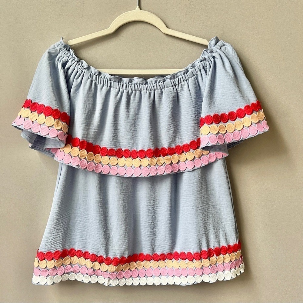 Entro Blouse Top Women's Small Ruffles Light Blue Feminine Coastal Beach Date